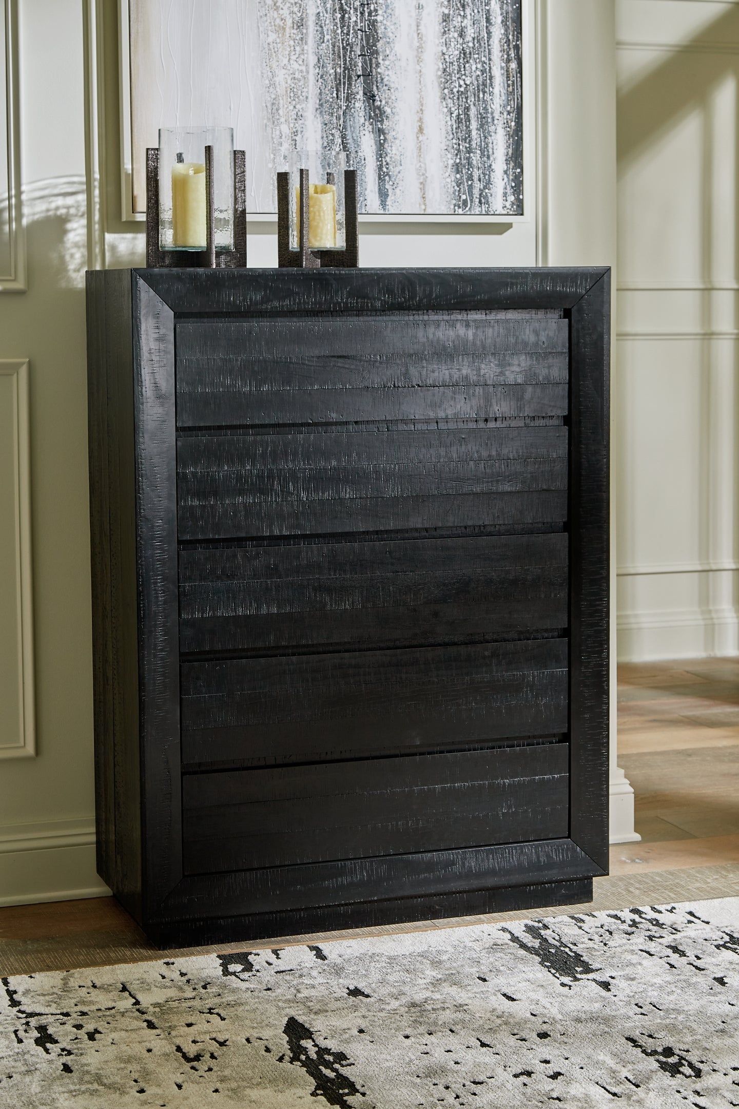 Lit à panneaux Londer King avec commode, coffre et table de chevet à miroir