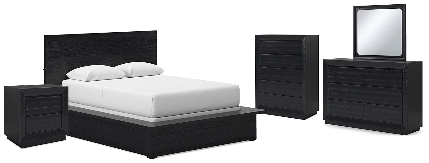 Lit queen-size Londer avec commode, coffre et table de chevet à miroir