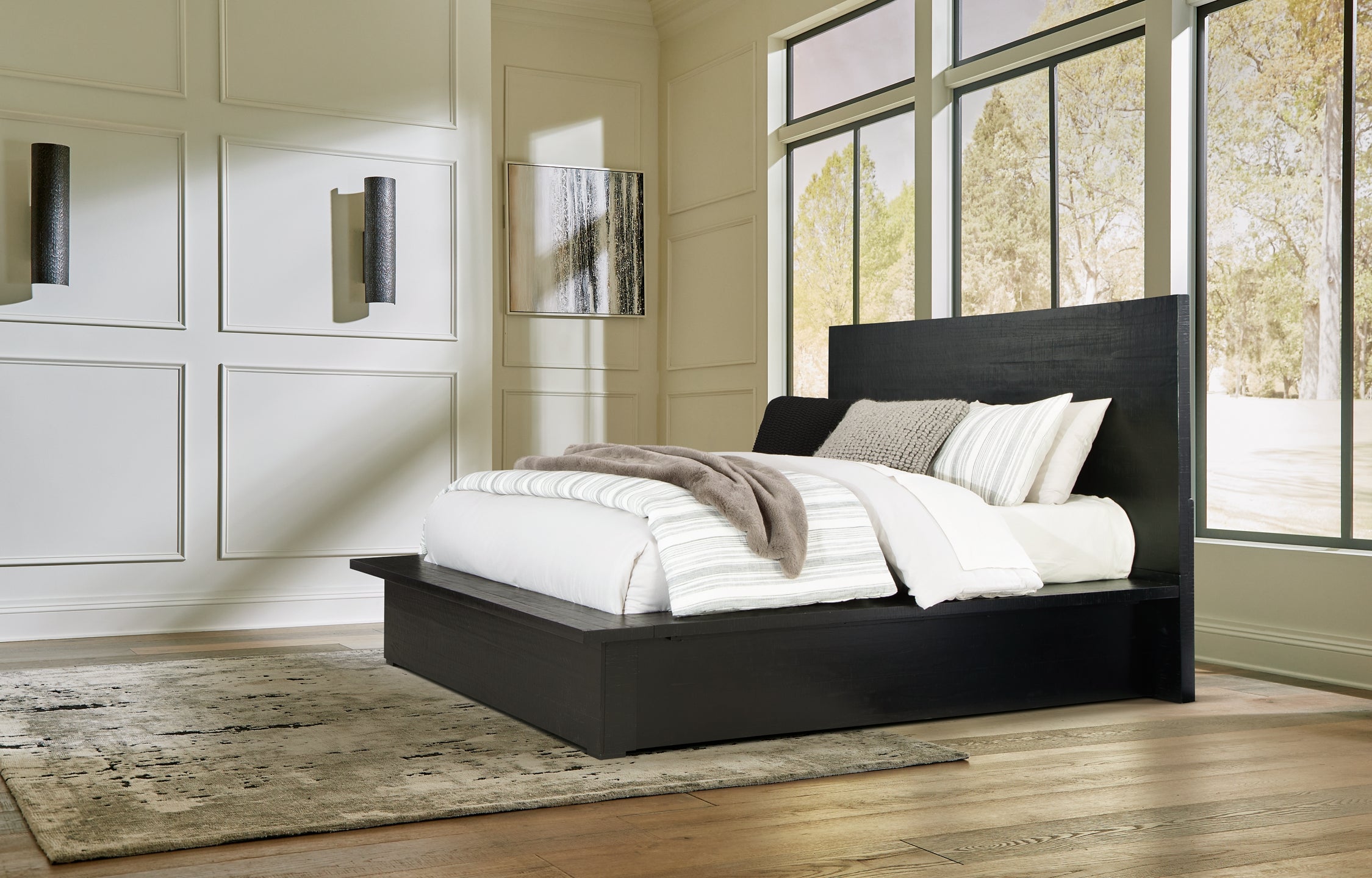 Lit queen-size Londer avec commode, coffre et table de chevet à miroir