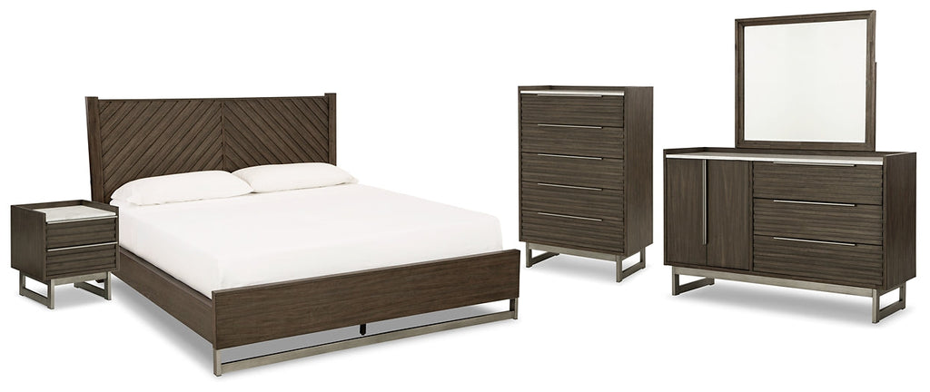 Lit queen-size Arkenton avec commode, coffre et table de chevet à miroir